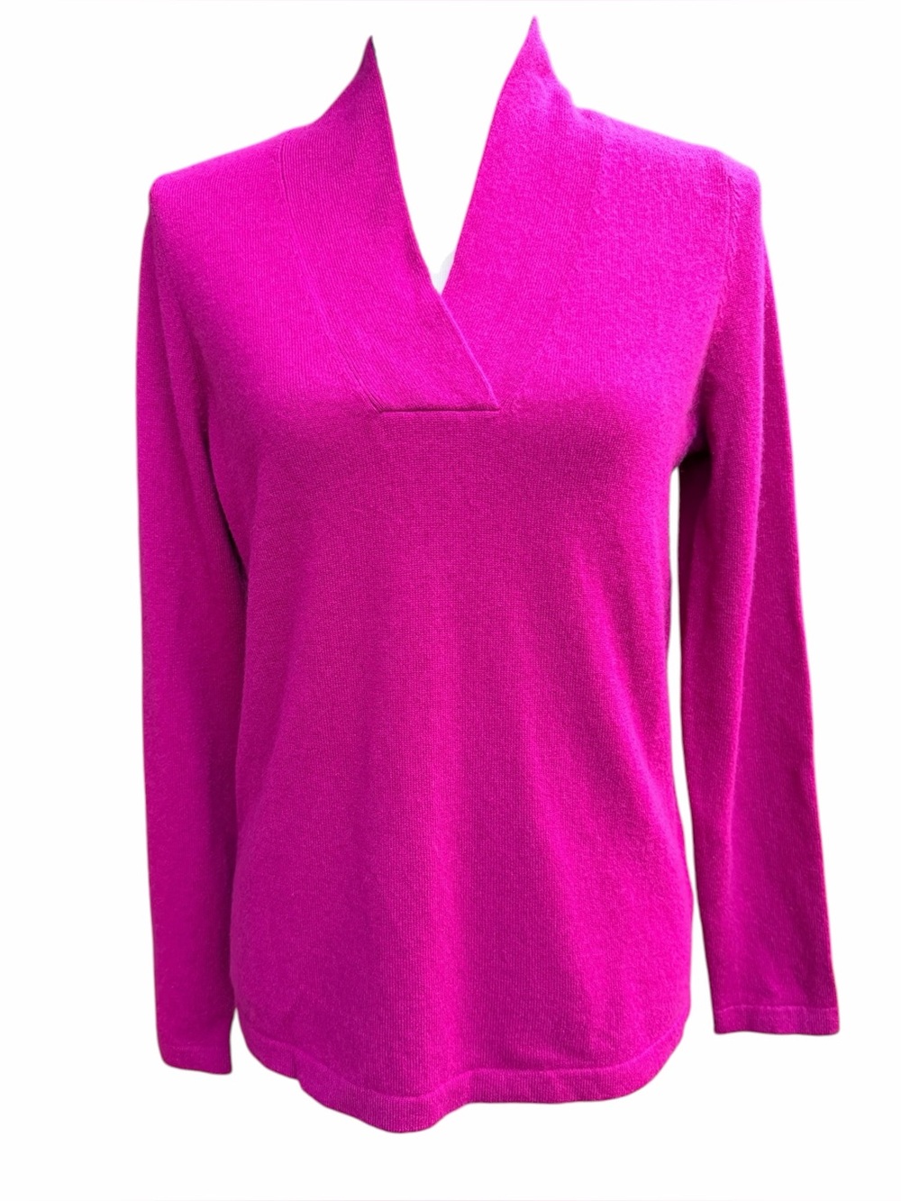 Lands’ End 100% Cashmere Johnny Collar V-Neck Sweater Fuchsia Pink Size Small